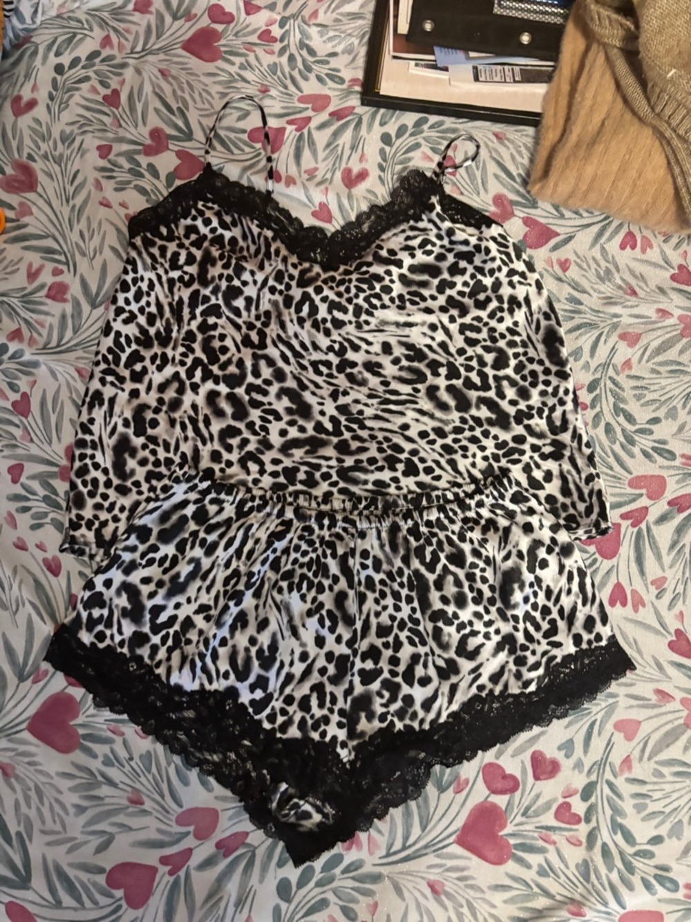 Secret Treasures Black & White Leopard Satin Lace Cami and Shorts Set